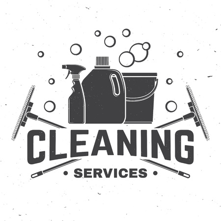 Cleaning company badge, emblem. Vector illustration. Concept for shirt, stamp or tee. Vintage typography design with cleaning equipments. Cleaning service sign for company related businessのイラスト素材