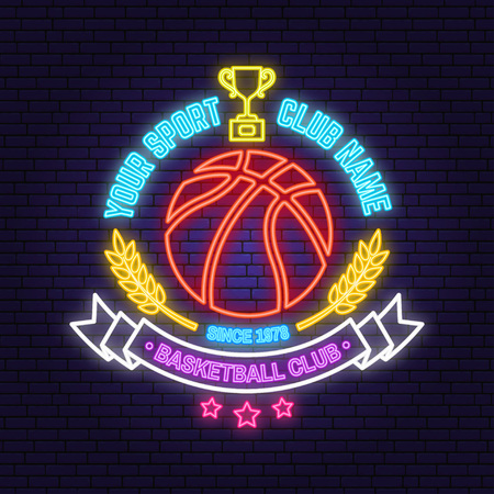 Basketball sport club badge neon design or emblem. Vector. Concept for shirt, print, stamp or tee. Vintage typography design with award cup and basketball ball silhouette. Night neon signboardのイラスト素材