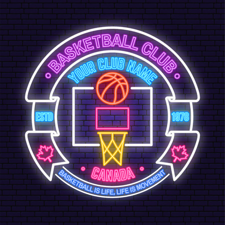 Basketball club neon design or emblem. Vector. Concept for shirt, print, stamp or tee. Vintage typography design with ring, basketball hoop and ball silhouette. Night neon signboardのイラスト素材