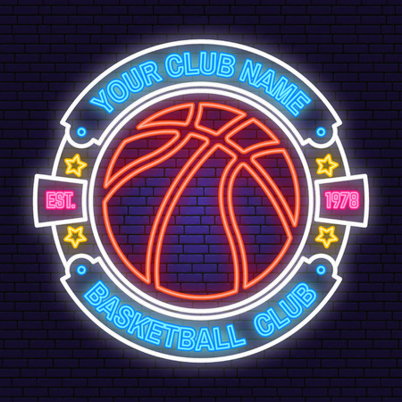 Basketball club neon design or emblem. Vector. Concept for shirt, print, stamp or tee. Vintage typography design with basketball hoop and ball silhouette. Night neon signboardのイラスト素材