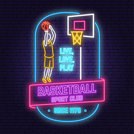 Basketball club neon design. Vector. Concept for shirt, print, stamp or tee. Vintage typography design with basketball player and basketball ball silhouette. Night neon signboardのイラスト素材