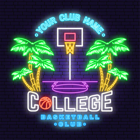 College basketball club neon design. Vector. Concept for shirt, print, stamp or tee. Vintage typography design with palm, basketball hoop and ball silhouette. Night neon signboardのイラスト素材