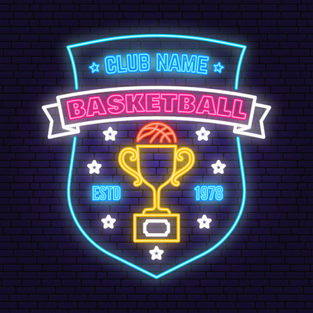 Basketball sport club badge neon design. Vector. Concept for shirt, print, stamp or tee. Vintage typography design with award cup and basketball ball silhouette. Night neon signboardのイラスト素材