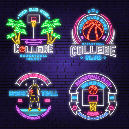 Set of basketball club neon design or emblem. Vector. Graphic design for t-shirt, tee, apparel. Vintage typography design with basketball hoop and ball silhouette. Night neon signboardのイラスト素材