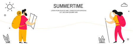 Man and woman tourists with backpacks. Vector. Modern people character vector illustration flat design. Use in Web Project and Applications. Hiking horizontal bannerのイラスト素材