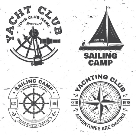 Set of summer sailing camp badge. Vector. Concept for shirt, stamp or tee. Vintage typography design with black sea anchors, hand wheel, compass and sextant silhouette. Best Sporting Activityのイラスト素材