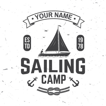 Sailing camp badge. Vector. Concept for shirt, print, stamp or tee. Vintage typography design with man in sailboats silhouette. Sailing on small boat. Ocean adventure.のイラスト素材