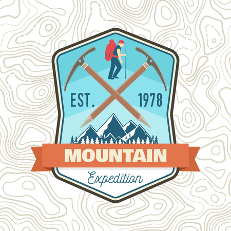 Mountain expedition patch. Vector. Concept for shirt or badge, print, stamp or tee. Vintage typography design with ice axe, mountaineer and mountain silhouette. Outdoors adventure emblem.のイラスト素材