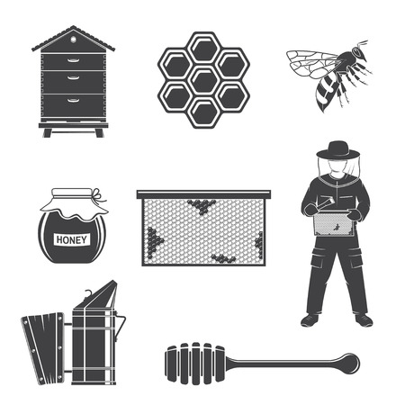 Set of beekeeping Equipment silhouette icons. Vector. Set include beekeeper, bee, beehive, bee smoker, honeycombs, propolis, dipper. Equipment icons for honey bee farm business.のイラスト素材