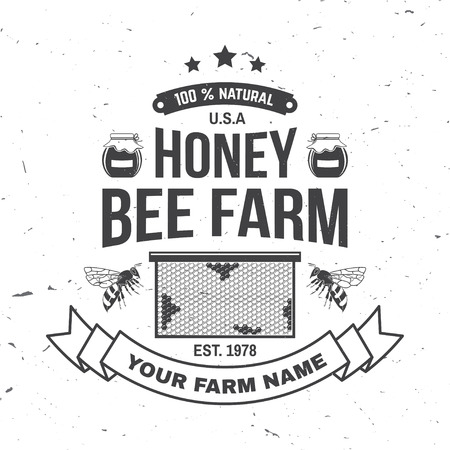 Honey farm badge. Vector. Concept for shirt, print, stamp or tee. Vintage typography design with bee, honeycomb piece and silhouette. Retro design for honey bee farm businessのイラスト素材