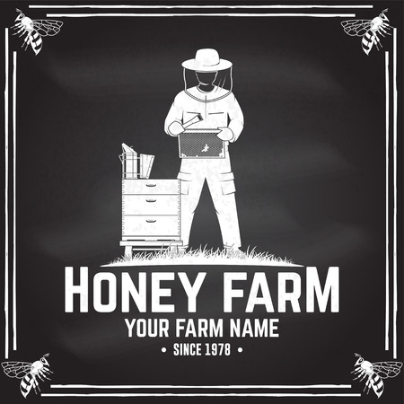 Honey bee farm badge. Vector. Concept for shirt, print, stamp or tee. Vintage typography design with hive and beekeeper silhouette. Retro design for honey bee farm businessのイラスト素材