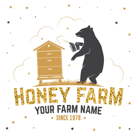 Honey bee farm badge. Vector. Concept for shirt, print, stamp or tee. Vintage typography design with hive and bear beekeeper silhouette. Retro design for honey bee farm businessのイラスト素材