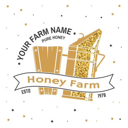 Honey bee farm badge. Vector. Concept for print, stamp or tee. Vintage typography design with bee smoker silhouette. Retro design for honey bee farm business.のイラスト素材