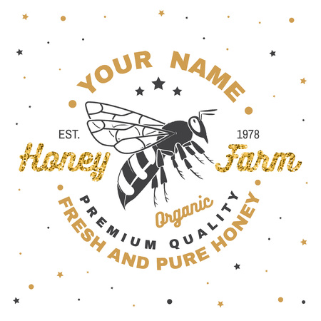 Honey farm badge. Vector. Concept for shirt, print, stamp or tee. Vintage typography design with bee silhouette. Retro design for honey bee farm business. Fresh and pure honeyのイラスト素材