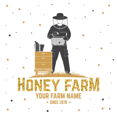 Honey bee farm badge. Vector. Concept for shirt, print, stamp or tee. Vintage typography design with hive and beekeeper silhouette. Retro design for honey bee farm businessのイラスト素材
