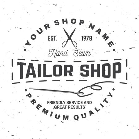 Tailor shop badge. Vector. Concept for shirt, print, stamp label or tee. Vintage typography design with sewing needle and scissors silhouette. Retro design for sewing shop businessのイラスト素材