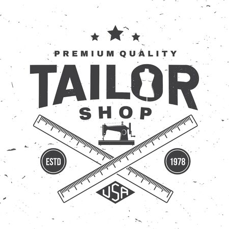 Tailor shop badge. Vector. Concept for shirt, print, stamp label or tee. Vintage typography design with sewing machine, measure meter silhouette. Retro design for sewing shop businessのイラスト素材