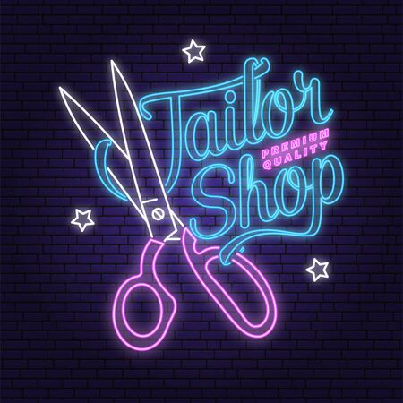 Tailor shop neon design or emblem. Vector. Typography design with scissors silhouette for sewing shop business. Retro design for sewing shop business.のイラスト素材