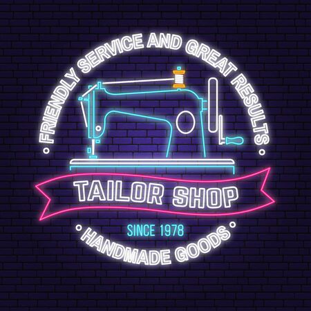 Tailor shop neon design or emblem. Vector. Night neon signboard. Vintage typography design with sewing machine silhouette. Retro design for sewing shop businessのイラスト素材