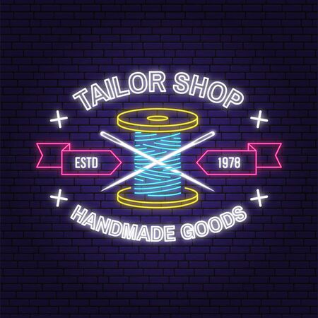 Tailor shop neon design or emblem. Vector. Night neon signboard. Vintage typography design with sewing needle and spool of thread silhouette. Retro design for sewing shop businessのイラスト素材