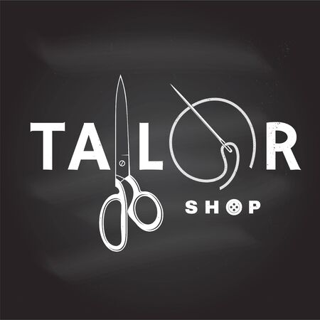 Tailor shop badge. Vector. Concept for shirt, print, stamp label or tee. Vintage typography design with sewing needle and scissors silhouette. Retro design for sewing shop businessのイラスト素材