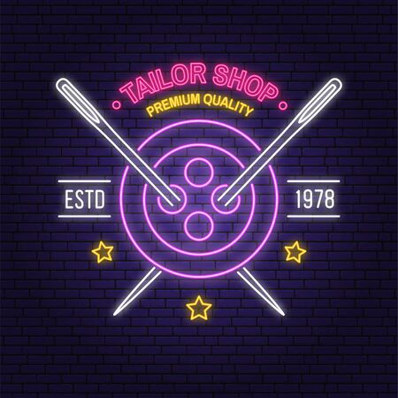 Tailor shop neon design or emblem. Vector. Night neon signboard. Vintage typography design with sewing needle and button silhouette. Retro design for sewing shop businessのイラスト素材