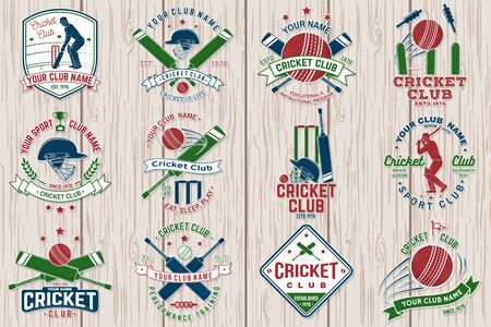 Cricket club patch or sticker. Vector. Concept for shirt, stamp or tee. Vintage typography design with bat , wicket, bail and cricket ball silhouette. Templates for sports club.のイラスト素材