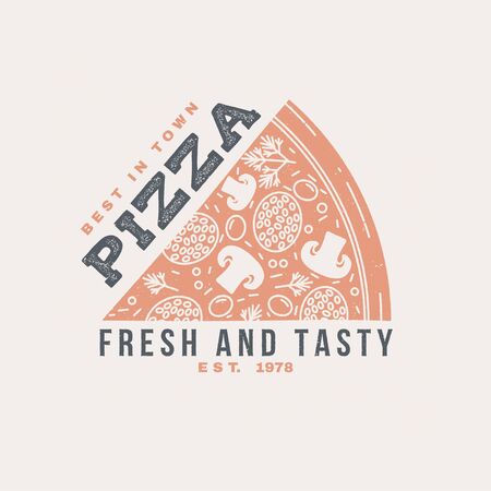 Hot and fresh pizza retro badge design. Vector. Vintage design for cafe, restaurant, pub or fast food business. Template for restaurant identity objects, packaging and menuのイラスト素材