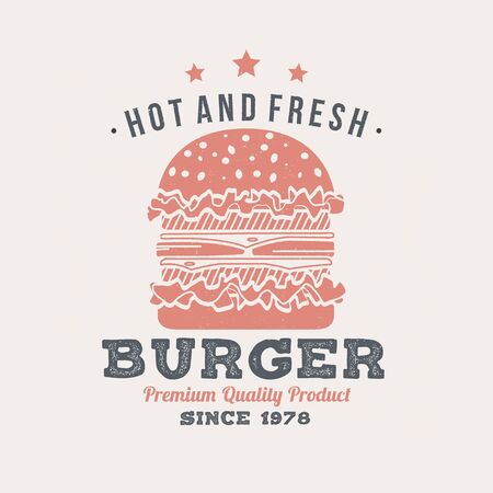 Hot and fresh burger retro badge design. Vector. Vintage design for cafe, restaurant, pub or fast food business. Template for restaurant identity objects, packaging and menuのイラスト素材