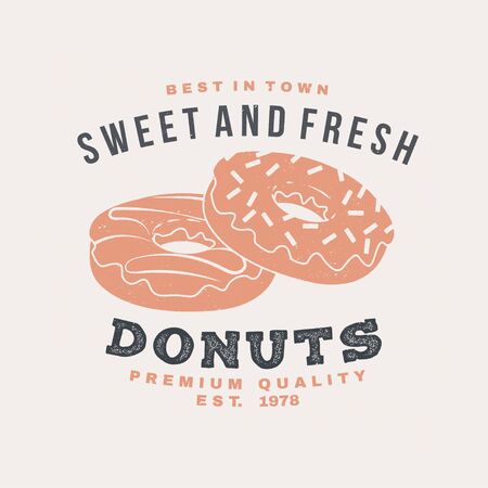 Hot and fresh donuts retro badge design. Vintage design for cafe, restaurant, pub or fast food business. Template with donuts for restaurant identity objects, packaging and menuのイラスト素材