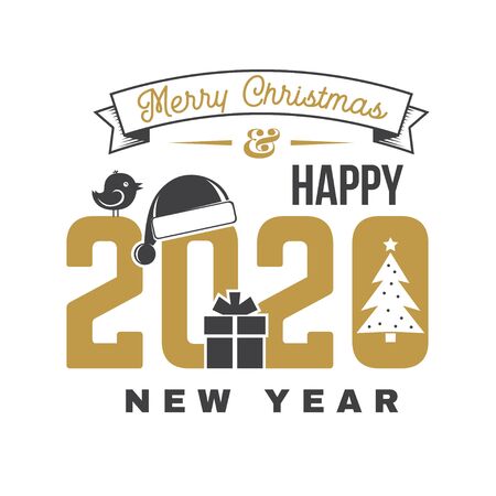 Merry Christmas and 2020 Happy New Year sticker with christmas tree, Santa Hat, gift and bird. Vector. Vintage typography design for xmas, new year emblem in retro style.