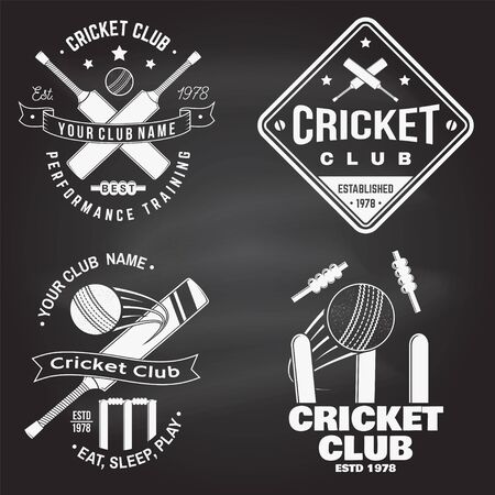 Set of cricket club badges on the chalkboard. Vector. Concept for shirt, print, stamp or tee. Templates for cricket sports club.のイラスト素材