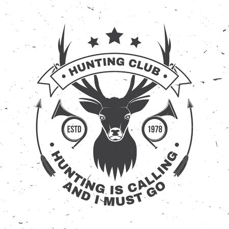 Deer and beer make me happy. Vector. Concept for shirt, label, print, stamp, badge, tee. Vintage typography design with deer and hunting horn silhouette. Outdoor adventure hunt club emblemのイラスト素材