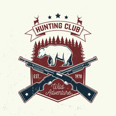 Hunting club. Vector. Concept for shirt, label, print, stamp or tee. Vintage typography design with hunting gun, bear and forest silhouette. Outdoor adventure hunt club emblem. Wild adventure.のイラスト素材
