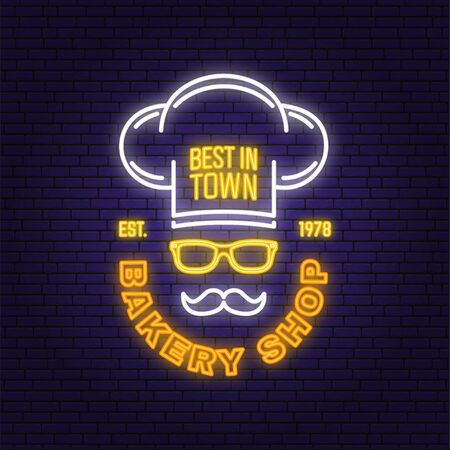 Bakery shop neon bright signboard, light banner. Vector. Concept for badge, shirt, label. Neon typography design with chef hat, text, mustache silhouette. Template for restaurant identityのイラスト素材