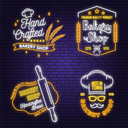 Set of Bakery shop neon bright signboard, light banner. Vector. Concept for badge, shirt. Neon design with rolling pin, dough, wheat ears silhouette. For restaurant identityのイラスト素材