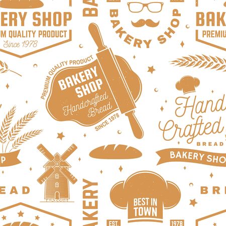 Bakery shop seamless pattern or background. Vector. Seamless bakery pattern with with rolling pin, windmill, wheat ears silhouette. Bakery shop texture.のイラスト素材