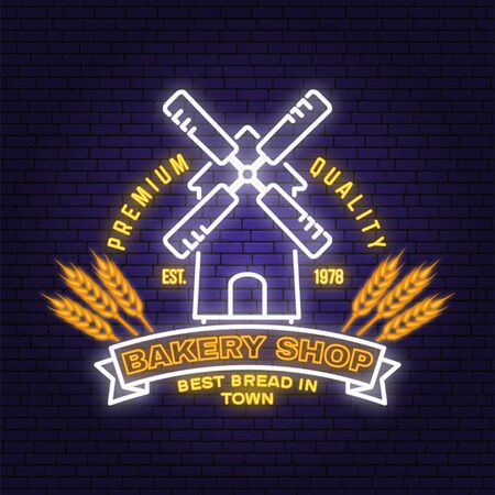 Bakery shop neon bright signboard, light banner. Vector. Concept for badge, shirt, label, print, stamp. Neon design with windmill, text, wheat ears silhouette. Template for restaurant identityのイラスト素材