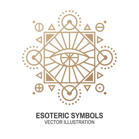 Esoteric symbols. Vector illustration. Thin line geometric badge. Outline icon for alchemy or sacred geometry. Mystic and magic design with all-seeing eye.のイラスト素材