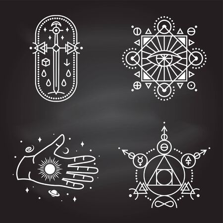 Esoteric symbols. Vector. Thin line geometric badge. Outline icon for alchemy or sacred geometry. Mystic and magic design with philosopher stone, old sword, hand, stars, planets and moon.のイラスト素材