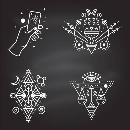 Esoteric symbols. Vector. Thin line geometric badge. Outline icon for alchemy or sacred geometry. Mystic and magic design with all-seeing eye, hand, cup and snakes, law scale.のイラスト素材