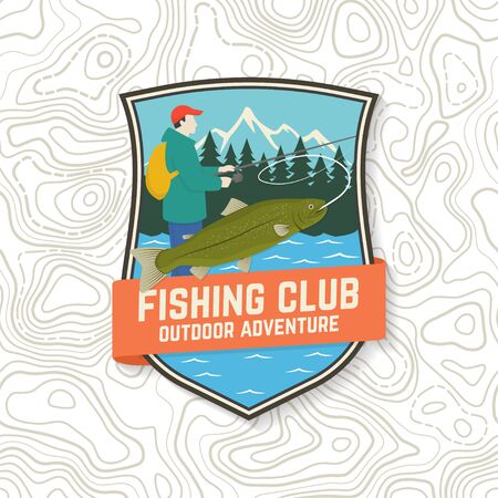 Fishing club patch. Vector. Concept for shirt, print, stamp, tee, patch. Vintage typography design with Fisherman, river and mountain silhouette.のイラスト素材