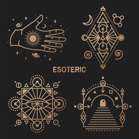Gold esoteric symbols. Vector. Thin line geometric badge. Outline icon for alchemy or sacred geometry. Mystic, magic design with all-seeing eye, hand, star, gate to another world, moonのイラスト素材