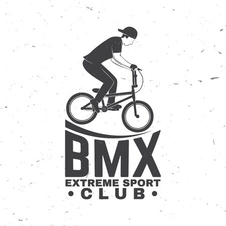 Bmx extreme sport club badge. Vector. Concept for shirt,   print, stamp, tee with man ride on a sport bicycle. Vintage typography design with bmx cyclist silhouette.のイラスト素材