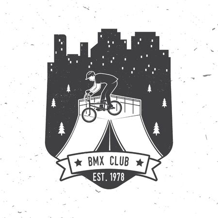 Bmx extreme sport club badge. Vector. Concept for shirt,  print, stamp, tee with man ride on a sport bicycle. Vintage typography design with bmx cyclist and night city silhouette.のイラスト素材