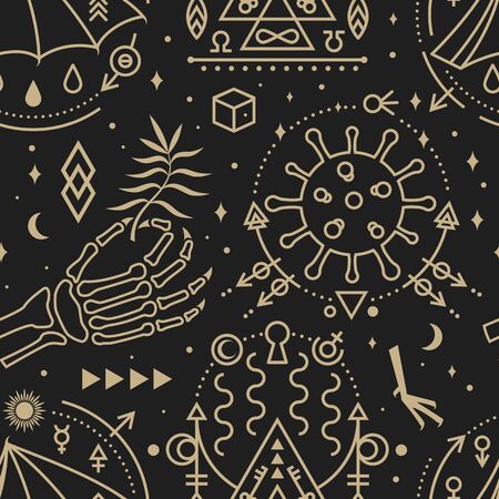 Gold esoteric seamless pattern, background. Vector. Thin line geometric pattern. Outline texture for alchemy or sacred geometry. Mystic and magic seamless patternのイラスト素材