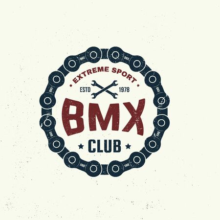 Bmx extreme sport club badge. Vector. Concept for shirt,  print, stamp, tee with sprocket, chain. Vintage typography design with bmx sprocket and chain silhouette.のイラスト素材
