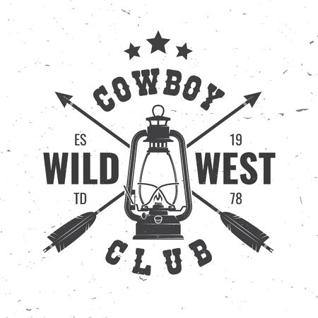 Wild west badge with indian arrow and lantern. Vector. Concept for shirt,   print, stamp, tee. Vintage typography design with arrow and lantern silhouette.のイラスト素材