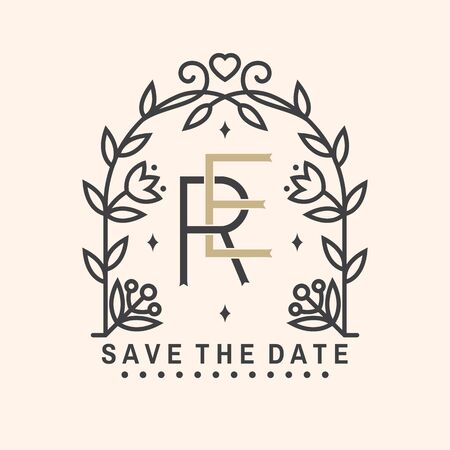 Wedding invitation card template. Vector Thin line geometric badge. Outline icon for save the date invitation card design. Modern minimalist design with wedding arch and leaf, flowers decorのイラスト素材
