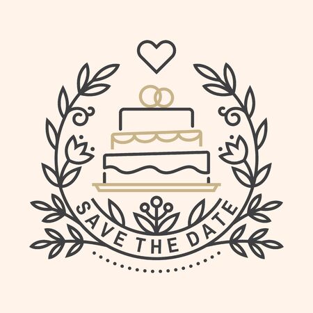 Wedding invitation card template. Vector illustration. Thin line geometric badge. Outline icon for save the date invitation card design. Modern minimalist design with wedding cake and leaf decorのイラスト素材